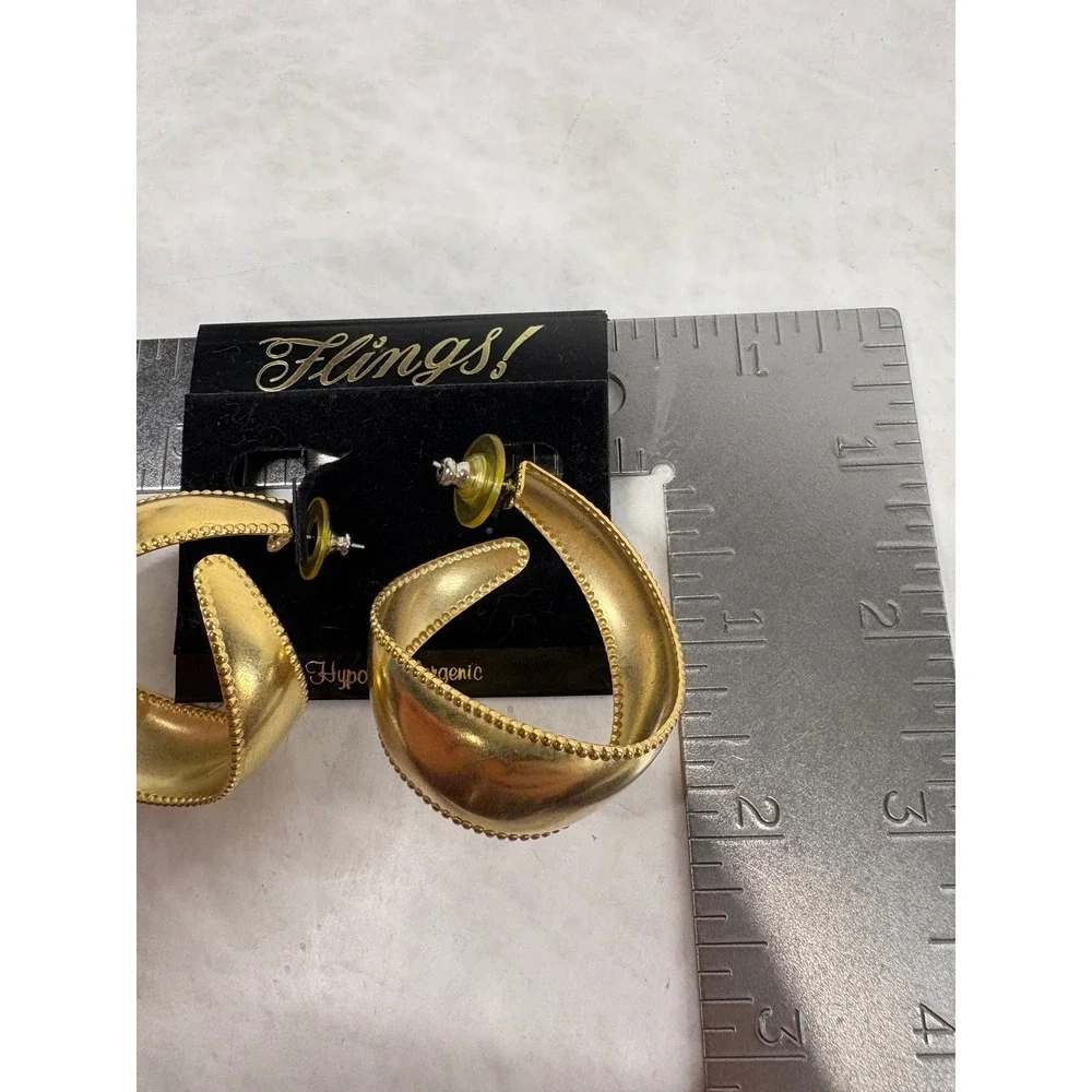 Flings Gold‎ Tone Twisted Hoop Earrings Beaded Edge Hypoallergenic Statement